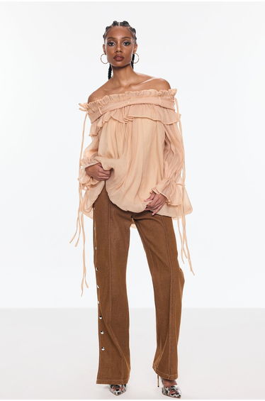 Aneirin Off Shoulder Mesh Ruffle Top