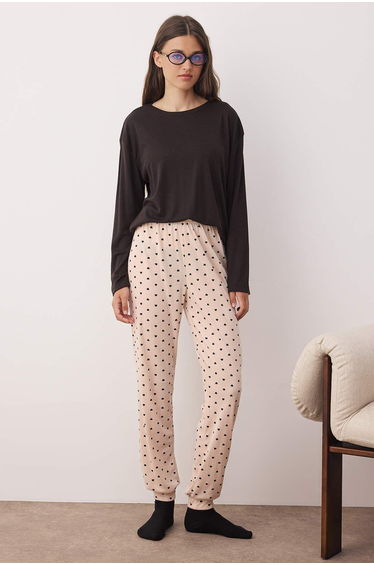 Black-Cream Heart 30/1 Jersey Knitted Pajama Set