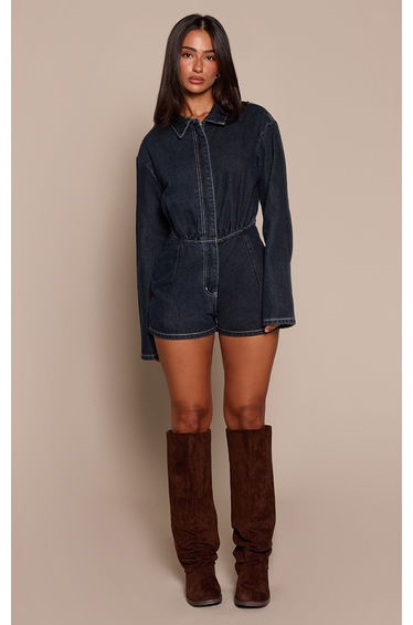 Petite Raw Indigo Long Sleeve Denim Playsuit