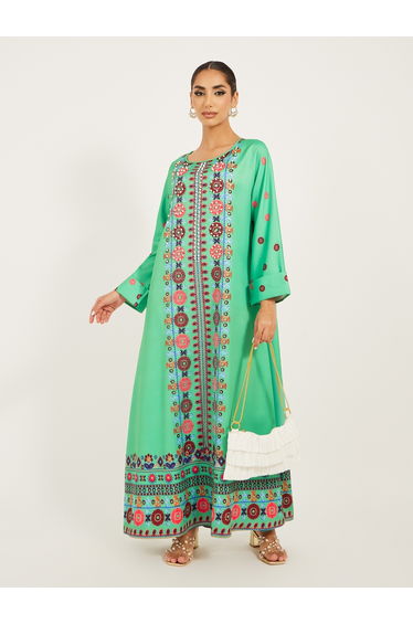 Embroidered Panel Round Neck A-Line Jalabiya With Faux Pearl Embellishment