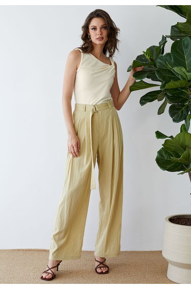 Drape Belt Side Pocket Straight-Leg Pants in Mustard