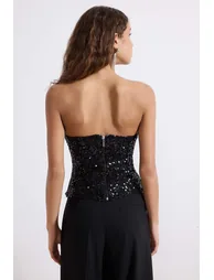 Black Strapless Neckline Sequin Party Blouse - 3