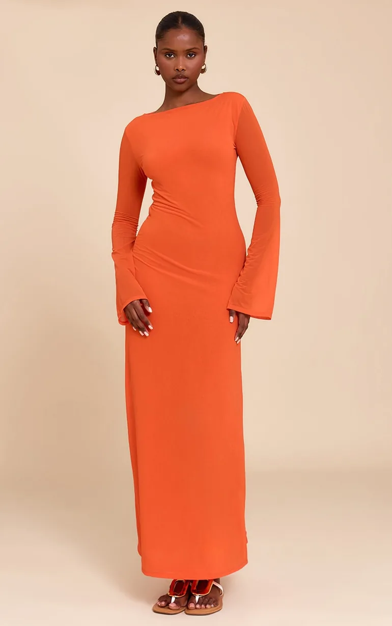 فستان ماكسي شيفون بأكمام طويلة لون أحمر