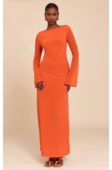 Red Chiffon Boat Neck Long Sleeve Maxi Dress