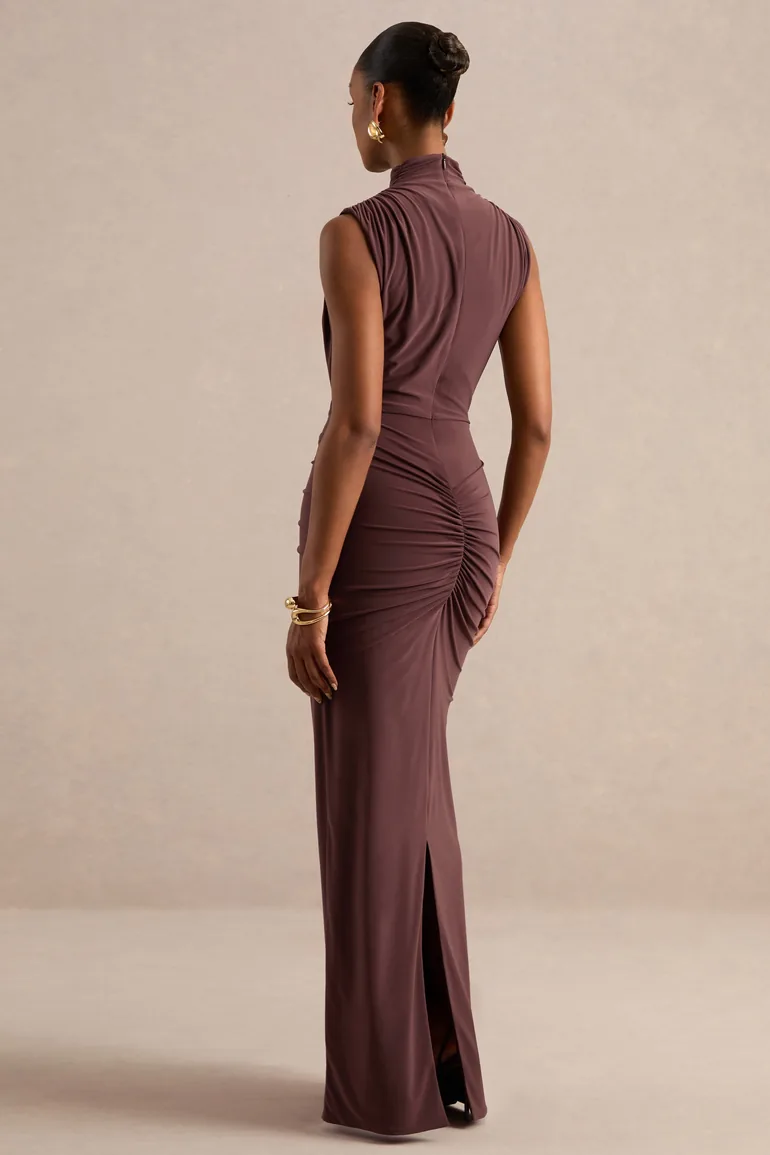 Isona | Brown High-Neck Maxi Dress With Gathered-Detailing And Sash - 1