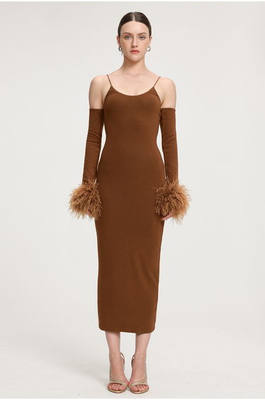 Feather-Cuffed Knit Midi Dress