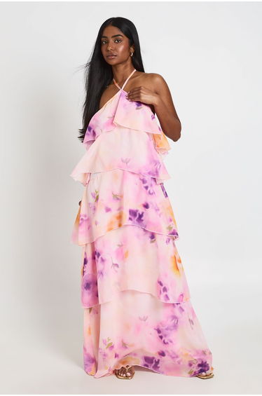Chiffon Floral Tiered Halterneck Maxi Dress - pink