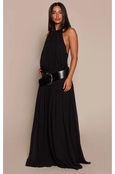 Petite Black Wrap Waist Ruched Chiffon Flowy Maxi Dress