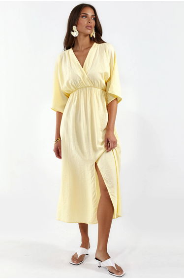 BUSEM V-Neck Midi Wrap Dress with Three Quarter Sleeves