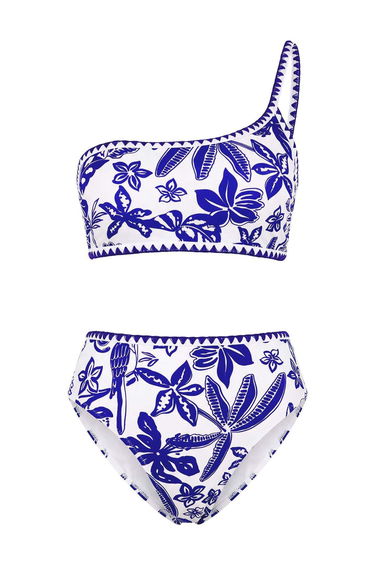 Multi-Colored Tropical One-Shoulder Embroidered Diver/Scuba High-Waist Bikini Set