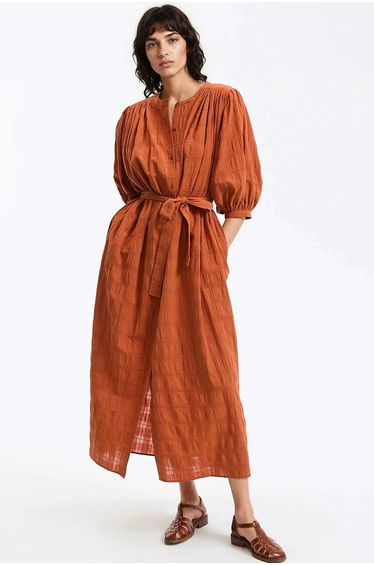 Belted Maxi Dress with Puffed Sleeves