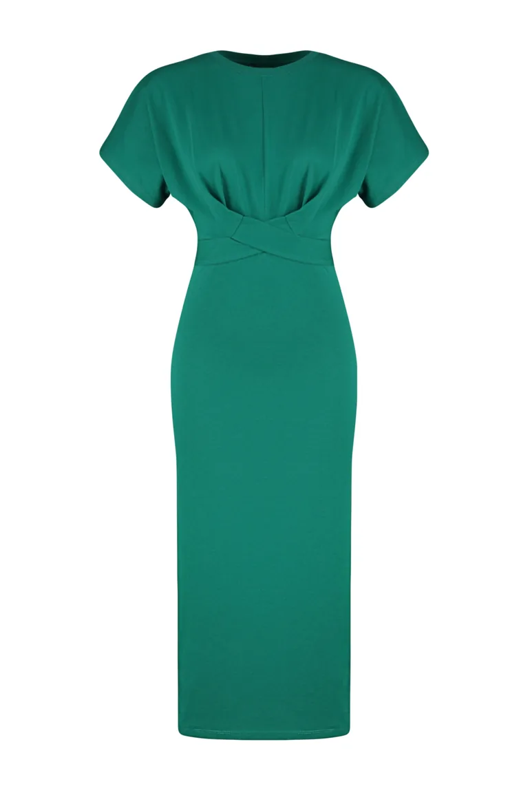 Emerald Green 100% Cotton Waist-Fitting Midi Knitted Midi Dress with Slit and Tie Detail - 7