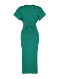 Emerald Green 100% Cotton Waist-Fitting Midi Knitted Midi Dress with Slit and Tie Detail - 6