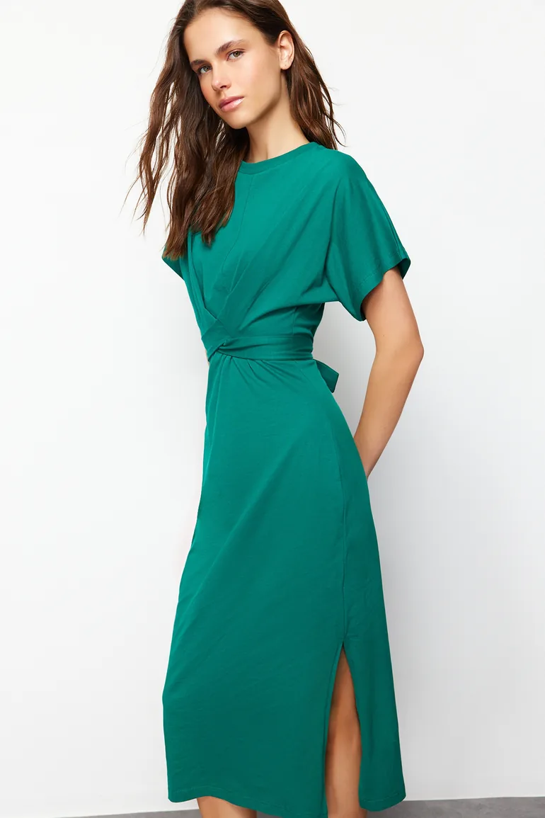 Emerald Green 100% Cotton Waist-Fitting Midi Knitted Midi Dress with Slit and Tie Detail - 2