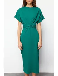 Emerald Green 100% Cotton Waist-Fitting Midi Knitted Midi Dress with Slit and Tie Detail - 4
