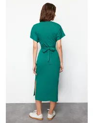 Emerald Green 100% Cotton Waist-Fitting Midi Knitted Midi Dress with Slit and Tie Detail - 1