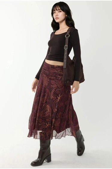 Patterned Midi Wrap Skirt with Ruffle Detail