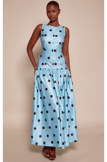 Blue Polka Dot Button Down Drop Waist Maxi Dress