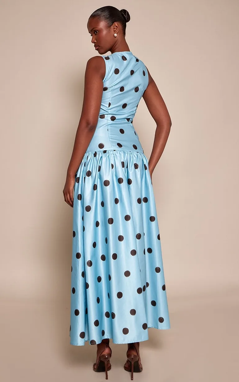Blue Polka Dot Button Down Drop Waist Maxi Dress - 1