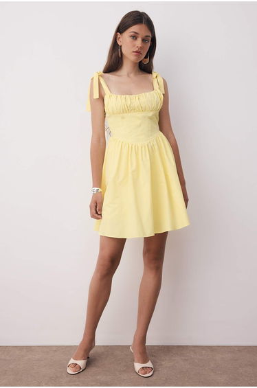 Light Yellow Bow-Detailed Poplin Woven Dress