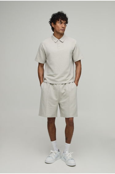 Boxy Wavy Jacquard Raglan Polo & Pleat Detail Shorts Set - stone