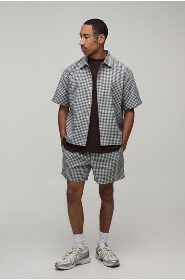 Micro Check Boxy Oversized Embroidered Shirt & Short Set - brown