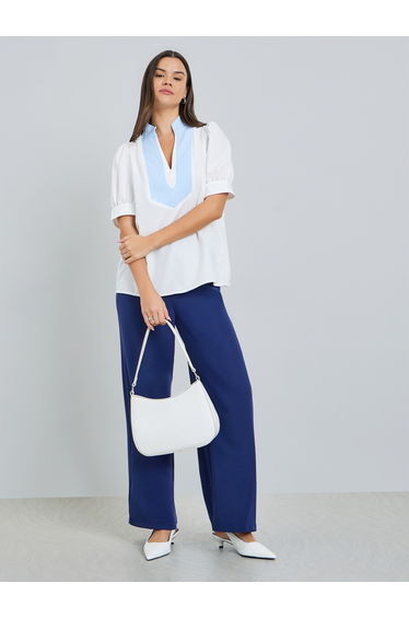 White Puff Sleeve Contrast Neckline Top