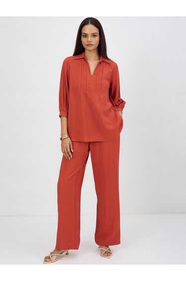 Women Rust Pleat Detail Top with Trousers Co-Ords