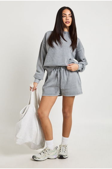Washed Crew Neck Sweatshirt Short Tracksuit - light grey