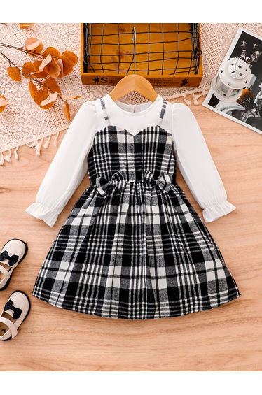 Girls Plaid Dress with Bow Detail
