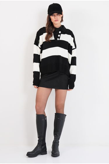 Women's Ecru Black Polo Neck Color Block Knitwear Sweater
