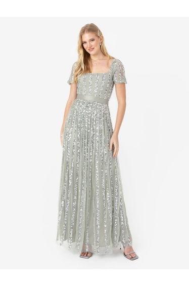 Maya Green Lily Stripe Embellished Square Neck Maxi Dress