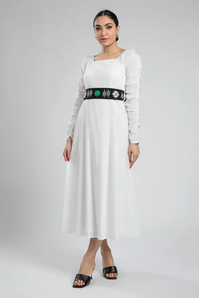Dress With Embroidered Waist Belt