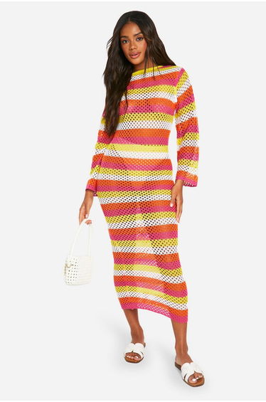 Stripe Crochet Scoop Maxi Knitted Maxi Dress - pink