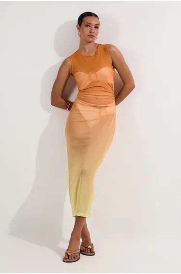 Ombre Mesh Ruched Beach Dress