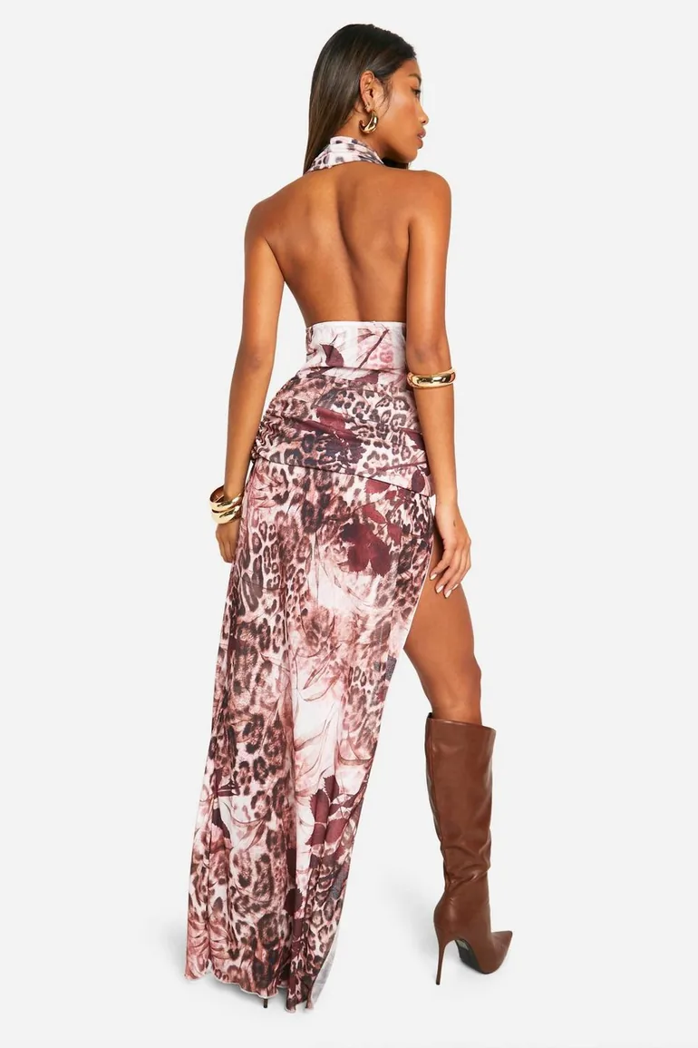 Mixed Floral Print Foldover Waistband Maxi Skirt - nude - 1