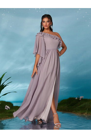Leely Elegant Asymmetrical Neck Chiffon Party Dress