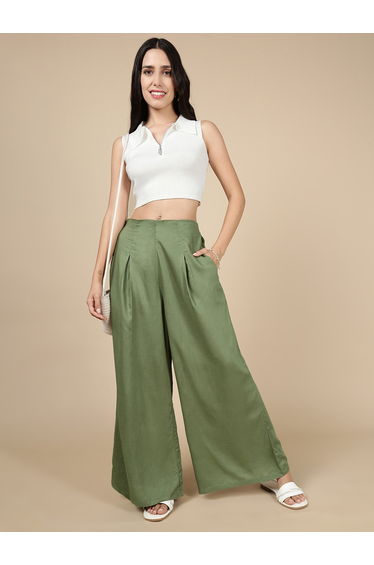 Green Wide Leg Pants with Fold Pleat