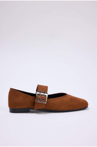 Tan Suede Buckle Detailed Mary Jane Square Toe Women's Ballet Flats