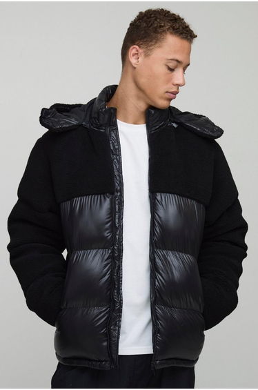 Tall Borg and High Shine Hooded Regular Fit Puffer in Black - black