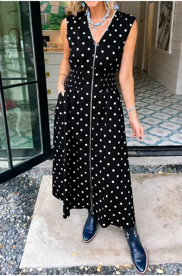 Lvness Black Polka Dot Print Contrast Trim V Neck Zip Up Sleeveless Dress