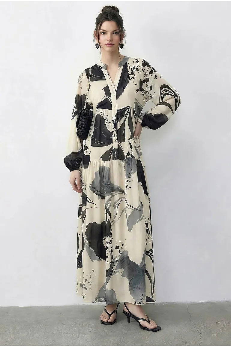 LUCCI Abstract V-Neck Midi Dress with Long Sleeves - 2