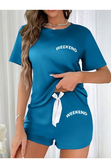 Blue Slogan Text Print T-Shirt and Shorts Set