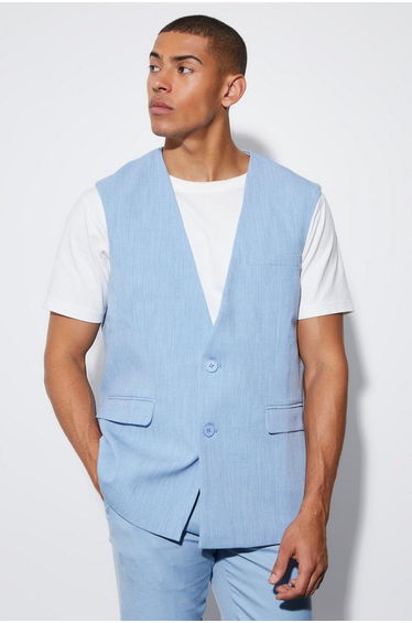 Oversized Single Breasted Blazer Vest - denim-blue