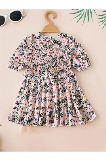 Floral Print Puff Sleeve Knee-Length Dress