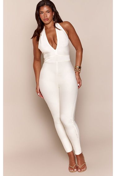 Shape Cream Halterneck Bandage Jumpsuit