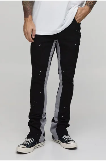 Skinny Stacked Flare Paint Splatter Gusset Trouser - black