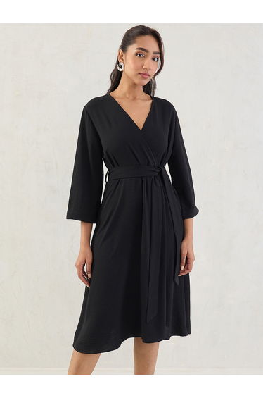 Black Wrap Front Midi Dress with Tie Belt