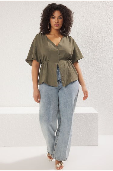 Khaki Woven V Neck Tied Blouse