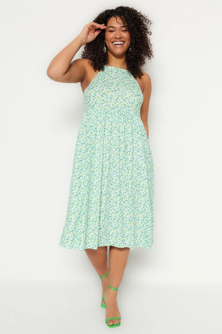 plus size green skater dress boohoo Women's Plus Burnout Floral Long Sleeve Skater Dress in Khaki | Size: 12